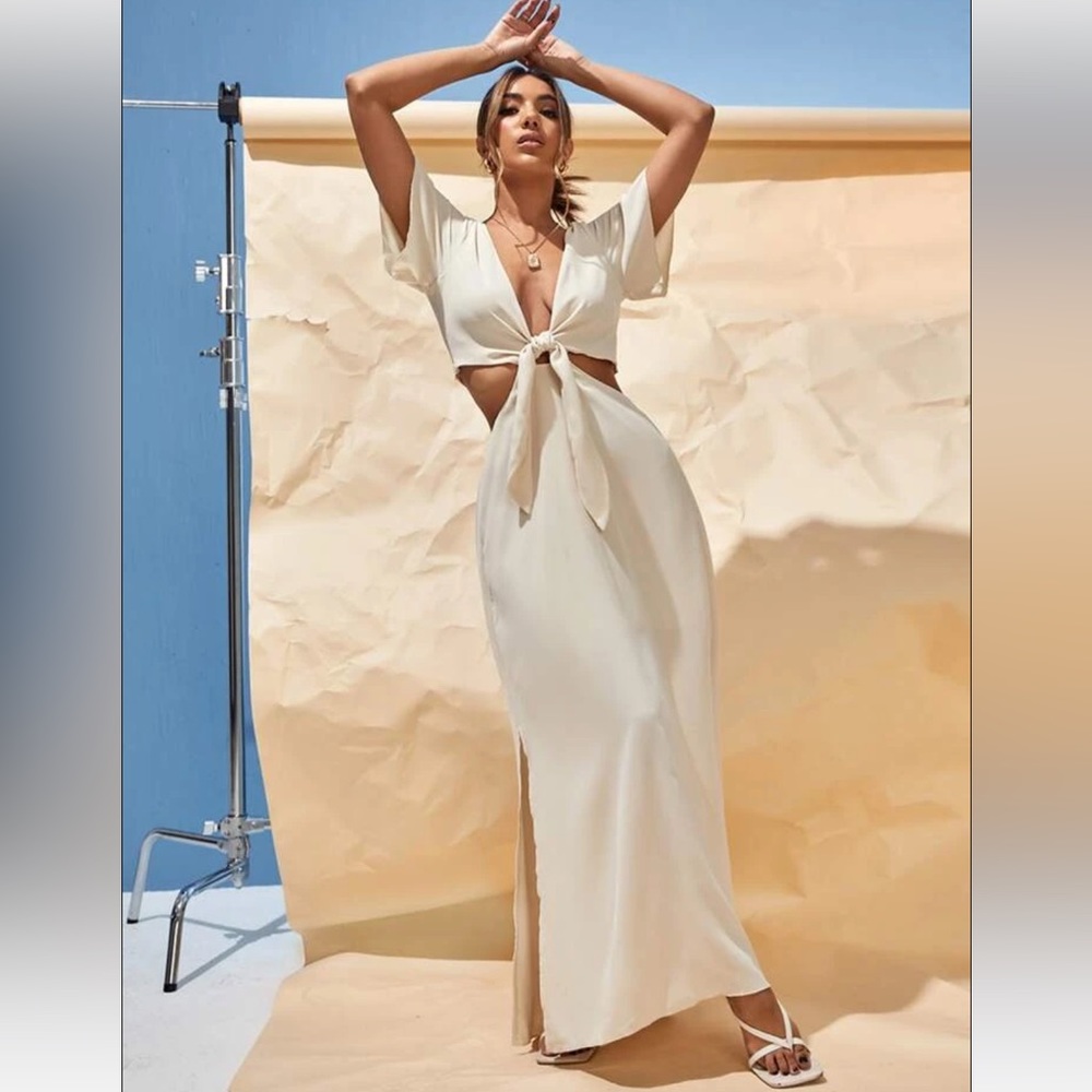 Cream Tie Front Split Summer Dress